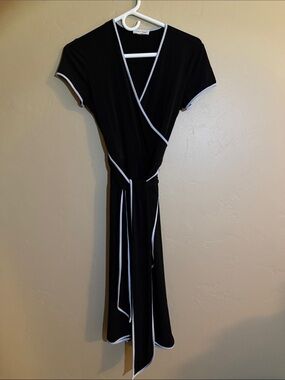 Calvin Klein Black Wrap Dress with White Trim
